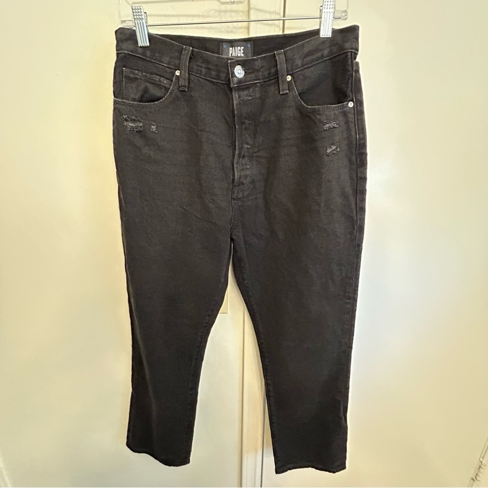 PAIGE Billy Crop High Rise Slim Straight Jeans Black Distressed Size 28
